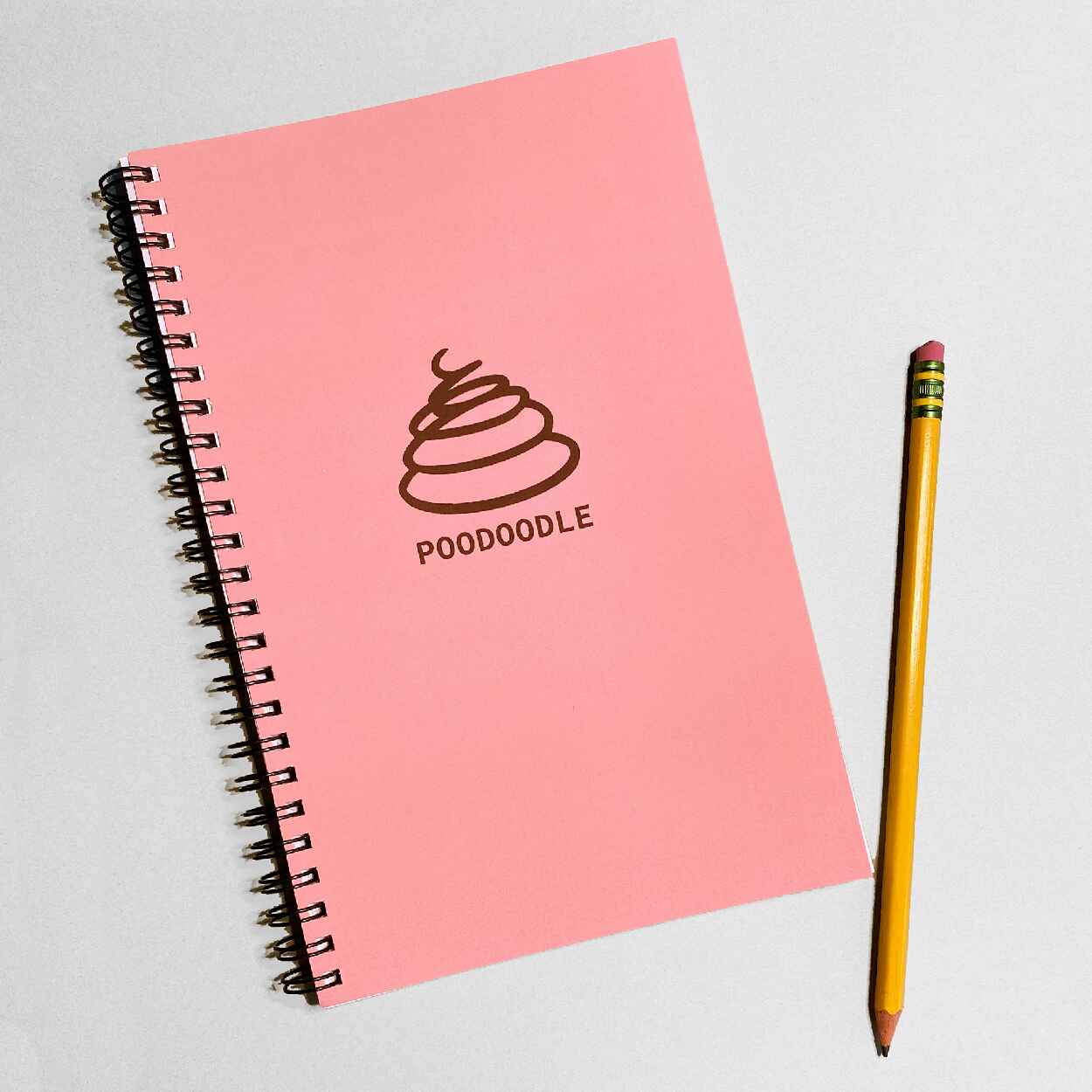 Pink journal with poop emoji and the title poodoodle